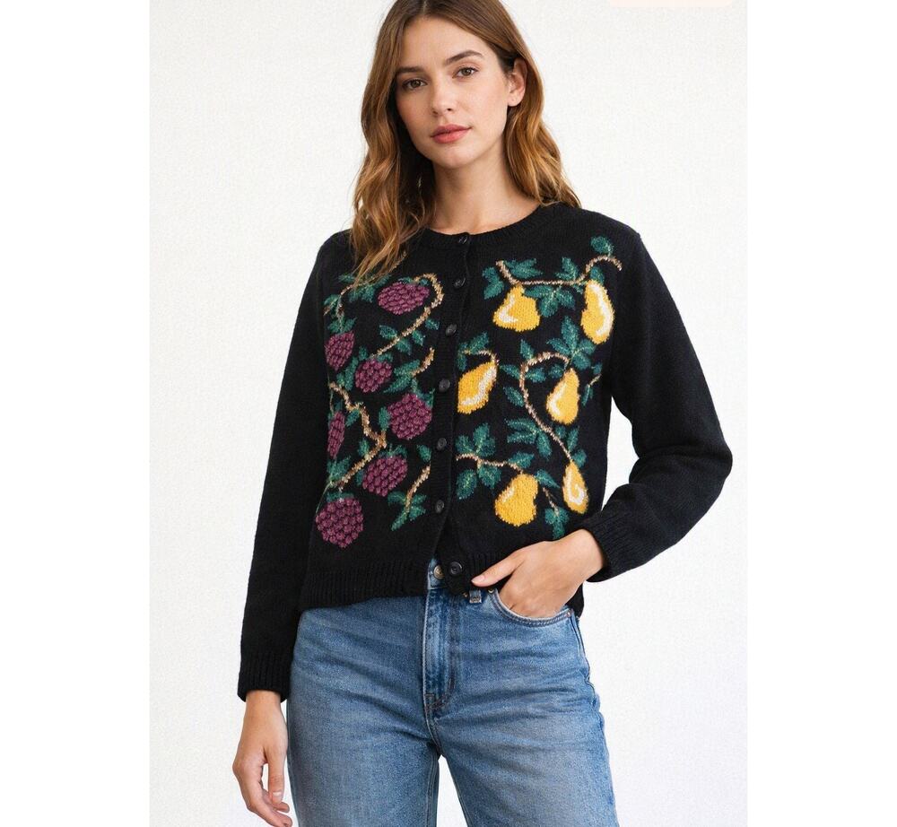 Pacific Place Wool Blend Cardigan Black Fruit Embroidery Size 1X Vintage Cottage
